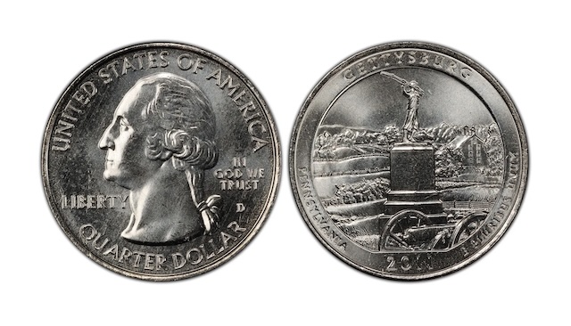 Side-by-side comparison of a normal 2011 quarter versus a 2011 quarter broad strike error showing expanded diameter and spread rim