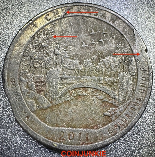 2011 quarter broad strike error showing expanded diameter and spread thinned rim