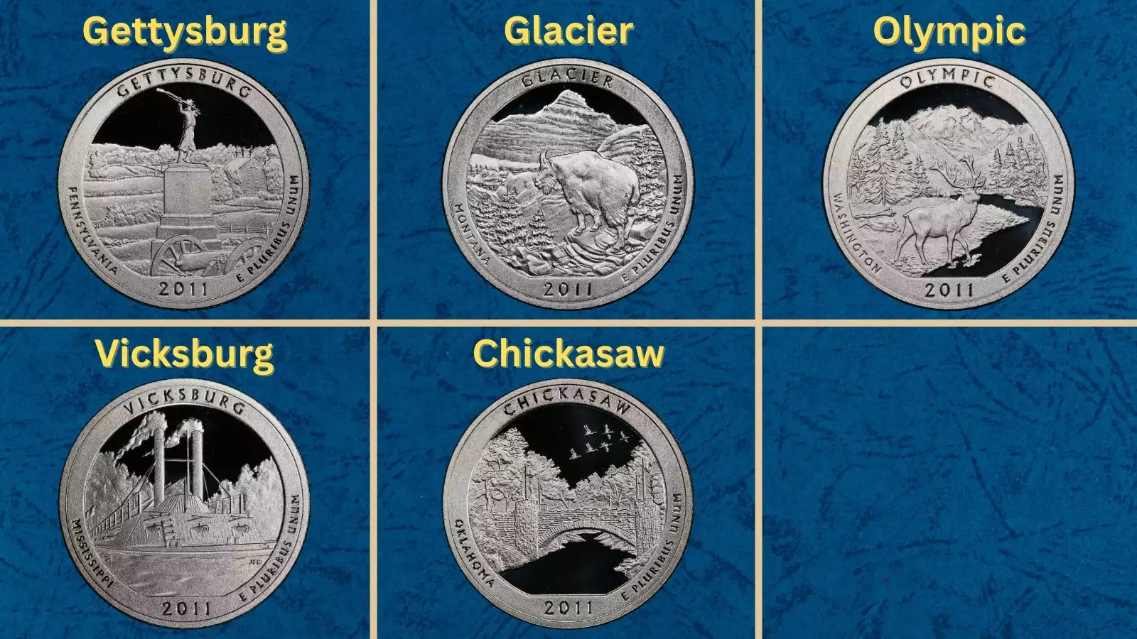Group shot of all five 2011 America the Beautiful quarter designs: Gettysburg, Glacier, Olympic, Vicksburg, and Chickasaw