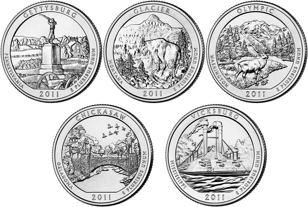 Grading strip showing four 2011 quarters in four conditions: worn Good, circulated Fine, About Uncirculated, and gem Mint State MS65